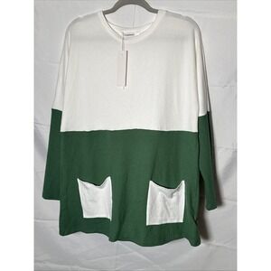 Cowasto Colorblock Long Sleeve Tunic Top Pockets White Green XL